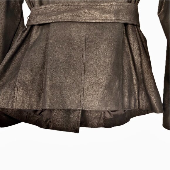 😊Alfani Leather Coat Brown Bronze Lined Jacket Zip Sleeves Pockets Womens Sz M - Picture 14 of 15